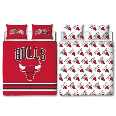 Imagen de Juego de Funda edredón Oficial la NBA, diseño Chicago Bulls, Cama Reversible 2 Caras, Color Rojo, mercancía Baloncesto, Incluye Fundas Almohada a Juego,