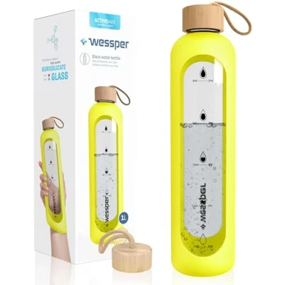 Imagen de Wessper botella de cristal 1 litro con marcas tiempo, sin BPA, motivación para beber, agua borosilicato, hermética tapa bambú, reutilizable funda