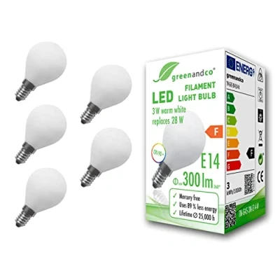 Imagen de greenandco 5x Bombilla de filamento LED opaca IRC 90+ E14 G45 3W (corresponde a 28W) 300lm 2700K (blanco cálido) 360 230V AC vidrio, sin parpadeo