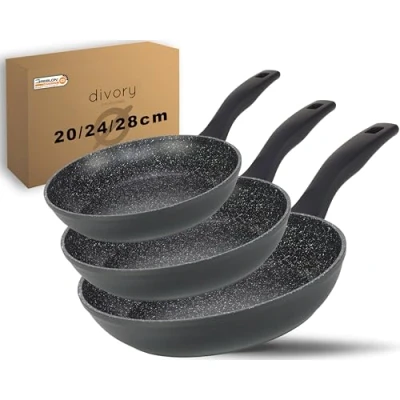 Imagen de DIVORY Juego de sartenes 3 piezas Sartén 20cm, 24cm, 28cm Inducción universal grande con revestimiento antiadherente para todo tipo cocinas apto lavavajillas (Mango: Negro)