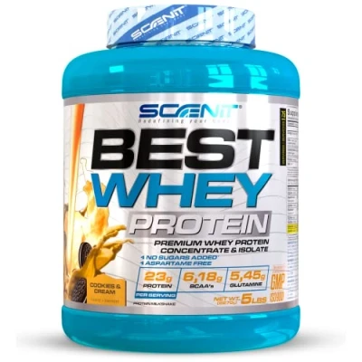 Imagen de Best whey protein 100% protein, proteinas para el desarrollo muscular masa con aminoácidos + isolate 2,27 kg (Galletas nata)
