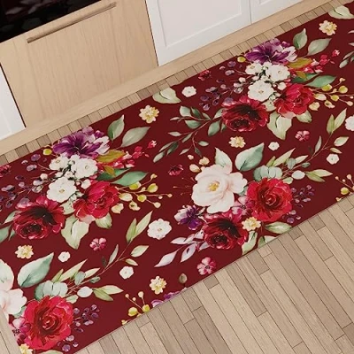 Imagen de PETTI Artigiani Italiani Alfombra de Cocina Antideslizante y Lavable, 52 x 440 cm, diseño Floral 07 Burdeos, 100% Fabricada en Italia