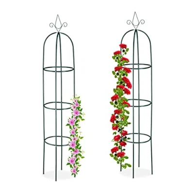 Imagen de Relaxdays Obelisco para Enredaderas, Set de 2, 200 cm, Tutor Plantas Trepadoras, Metal, Autónomos, Guía Rosales, Verde