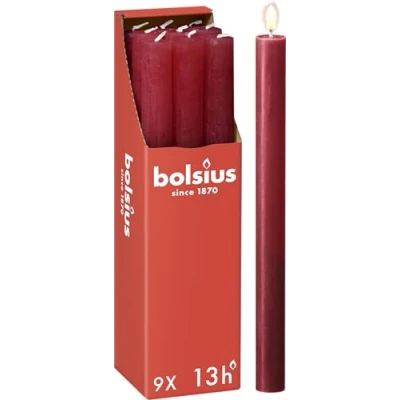 Imagen de Bolsius Velas cónicas para cenas, color rojo, paquete de 9, larga duración combustión 13 horas, vela doméstica, decoración interiores, sin perfume, cera natural vegana, 27 x 2,3 cm Valentin