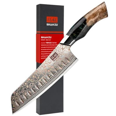 Imagen de SHAN ZU Cuchillo Santoku Damasco de Cobre y Acero 33 capas, Cocina Damas, Japonés Forjado a Mano con Mango Madera Arce VENUS Series