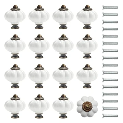 Imagen de Kurtzy Pomos para Cajones Calabaza Blanco y Bronce con Tornillos (Pack de 16) 3,4 x 3,8 cm Tiradores Vintage Muebles en el Hogar Oficina Blancos Gabinete Cocina, Alacena