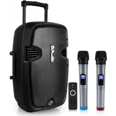 Imagen de Pyle Sistema de Altavoces, PA, 600W, Bluetooth, Portatil, Recargable, Interiores, Exteriores, Subwoofer 8, Tweeter 1, función grabación, micrófono, Luces Fiesta, Radio USB/SD, Negro