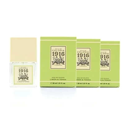 Imagen de 1916 Limón &amp; Tonka, Agua de Colonia Hombre y Mujer, Pack 3 x 30 ml, Formato Viaje en Spray, Perfume Unisex, Eau Toilette Masculina Femenina, Fragancia Fresca Cítrica, Larga Duración