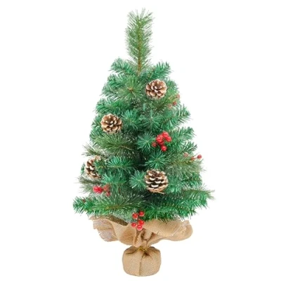 Imagen de 60 cm/2ft Mini Árbol de Navidad Artificial Mesa 70 Puntas, con Piñas, Frutos Rojos, Hojas Pino Verdes, Lino, Algodón y Base Cemento para Decoraciones Navideñas