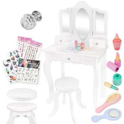 Imagen de Green series Kinderplay Tocador para niños y niñas con Espejo, Accesorios Taburete Niño, GS3302