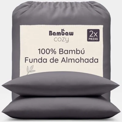 Imagen de Bambaw Juego de 2 Fundas Almohada 40x60 cm, Sábanas Bambú, Antiacaros, Sedosas y Transpirables, Respetuosas con el Cabello la Piel Antracita