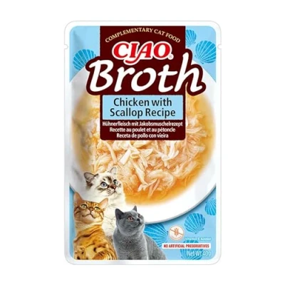 Imagen de INABA Churu Broth Caldo para Gatos Snacks Receta Pollo y Vieira Premios con Proteínas Animales Sin Cereales, Conservantes, Colorantes Sólo 16Cal 40g