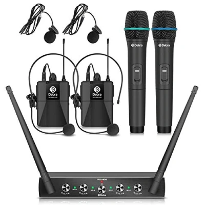 Imagen de D Debra Micrófono inalámbrico de Diadema,Sistema Micrófonos Inalámbricos,Frecuencia Ajustable 100 m Distancia recepción inalámbrica para Fiesta (con 2 portátiles y Bodypack (A))
