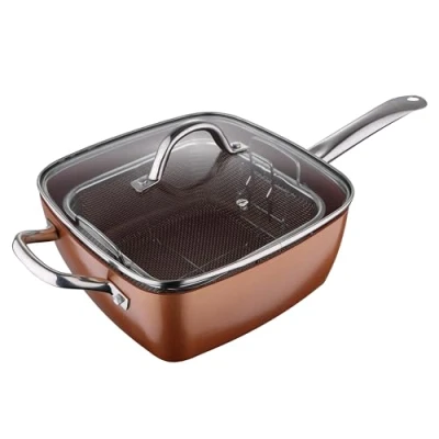 Imagen de San Ignacio Optimum Copper Sartén Antiadherente Cuadrada de 24 cm con Cesta Freír 5 funciones en 1 Fabricada Aluminio Prensado Revestimiento Multiclad Todo Tipo Cocinas