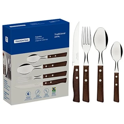 Imagen de TRAMONTINA Juego de Cubiertos Tradicional, para Comida, en Acero Inoxidable y Mangos Madera Natural, Utensilios con Remaches Aluminio, 24 Piezas