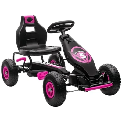 Imagen de HOMCOM Kart Pedales Coche de para Niños 5 12 Años con Asiento Ajustable Neumáticos Inflables Amortiguador y Freno Mano Carga 50 kg Negro Rosa