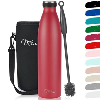 Imagen de Milu botella de acero inoxidable 350 500 750 1000 ml, termo, agua aislada, termo a prueba fugas, apta para ácido carbónico, incluye cepillo limpieza (rojo ml)