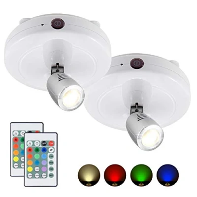 Imagen de HONWELL Foco LED inalámbrico con batería, luz de disco control remoto, lámpara acento iluminación tablero dardos RGB, imágenes giratoria para pintar espejos, 2 piezas