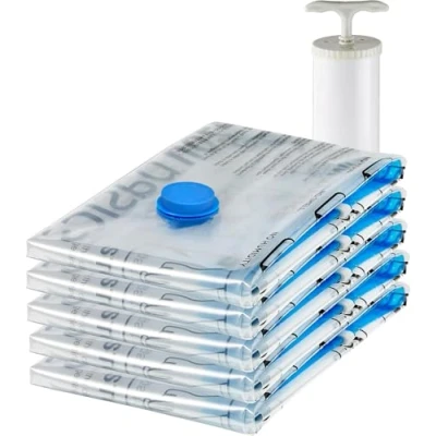 Imagen de Amazon Basics Paquete de 5 bolsas vacío para almacenamiento, incluyen boca aspirador, con cremallera, tamaño mediano, Transparente