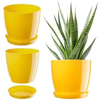 Imagen de KADAX maceta con plato, redonda para interiores, elegante de plástico, ligera flores y plantas el hogar (12 cm diámetro, color amarillo)