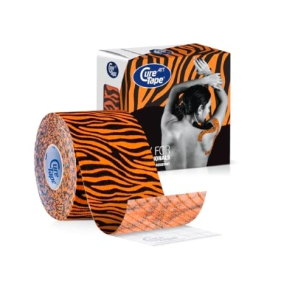 Imagen de CureTape Art Cinta de Kinesiología Impresa sin Cortar Rollo 5 cm x 5m Vendaje Neuromuscular Resistente al Agua para Rodilla, Brazo, Hombro, Piernas y Músculos La Mejor Adhesión Naranja Tigre