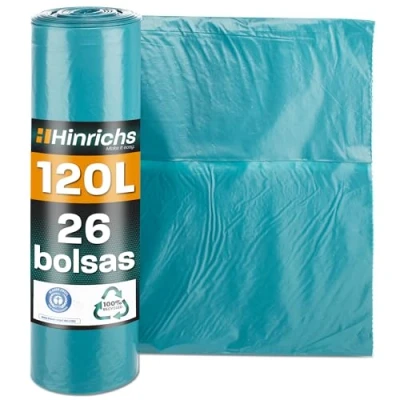 Imagen de Hinrichs Bolsas de Basura 120L Extra Fuertes 70x110 cm Rollo 26 Resistentes LDPE Reciclado Azules para Jardines, Hogares y Obras