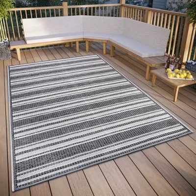 Imagen de Hanse Home Temu Alfombra Impermeable para Interior y Exterior, diseño Moderno de Rayas, Resistente al Agua, Tejido Plano, jardín, balcón, terraza, salón, Color Gris Beige, 155 x 235 cm