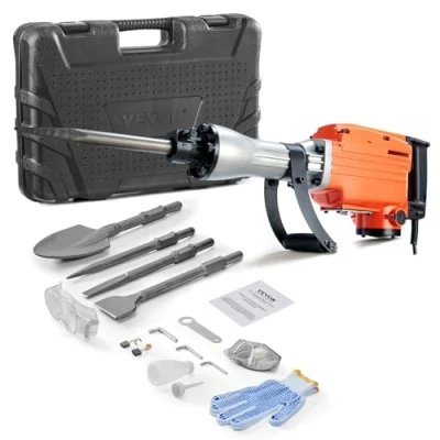 Imagen de VEVOR Martillo de Demolición 2200 W 1350 BPM Eléctrico con Cable 1 1/8&quot; 4 Cinceles Reemplazables Mango Giratorio 360 Rompe Hormigón Antivibración para Cincelar Construcción Fontanería