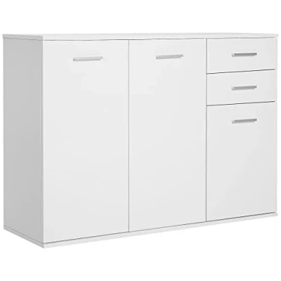 Imagen de HOMCOM Aparador Armario de Cocina con 2 Puertas Buffet Salón Cajones Estante Ajustable Estilo Moderno para Comedor 106x35x76cm Blanco Brillante
