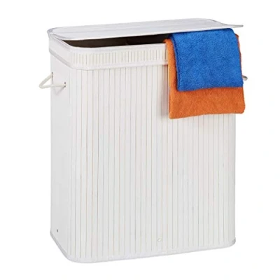 Imagen de Relaxdays Cesto Ropa Sucia Rectangular con 2 Compartimentos, Cubo Colada, Canasta Tapa, Bambú, 95 L, Blanco, Algodón
