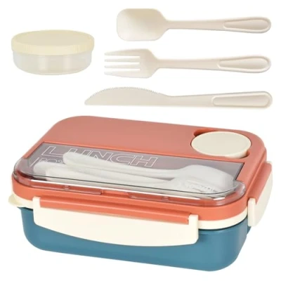 Imagen de Lonchera Bento Fiambrera Hermética con Compartimentos 1300ML Adultos Niños 4 y Juego de Cubiertos para Microondas Lavavajillas Escuela Trabajo Picnic Viajes (Naranja)