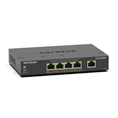 Imagen de NETGEAR Switch PoE Smart Plus de 5 puertos GS305EP, Ethernet con 4 x PoE+ a 63 W, montaje sobremesa/pared
