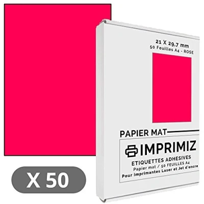 Imagen de Imprimiz Lote de 50 hojas adhesivas para impresoras láser y inyección tinta (210 x 297 mm, diseño mate, tamaño A4 ), color rosa fluorescente