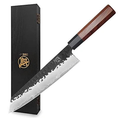 Imagen de MITSUMOTO SAKARI Cuchillos Cocina Japoneses Kiritsuke, Cuchillo de Acero Alto Carbono, 23 cm Profesional Forjado a Mano (Mango Palo Rosa y Caja Regalo)
