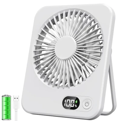 Imagen de ITJMRJP Ventilador de Mesa Silencioso Pequeño Portatil Mini USB 2500mAh Bateria Recargable 5 Velocidades Pantalla LED para Oficina Hogar Camping(Blanco)