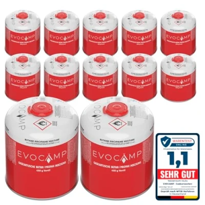 Imagen de EVOCAMP 12X Cartucho de Gas Propano Butano 450g, Rosca Europea 7/16&quot;, Botellas para Camping 809ml, bombona Gas, Puede Utilizarse barbacoas Weber la Serie Q100/1200
