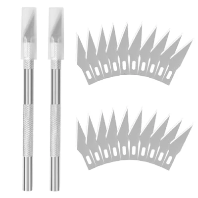 Imagen de DealKits Juego de 2 cuchillos para manualidades, incluye 20 cuchillas repuesto y tapas protectoras, cúter escalpelo, cuchillo tallar cortar tela fondant, lámina carbón,