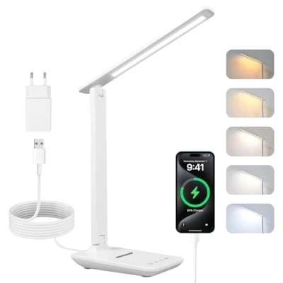 Imagen de Carehabi Potente Lámpara de escritorio 5 modos color y niveles brillo Rotación en 3 ejes Protección ocular lectura con puerto USB función memoria