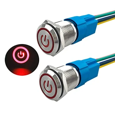 Imagen de Aiqeer 2 Piezas 16 mm Interruptores de Botón Autoblocante, 12V / 24V 5A Interruptor LED Rojo, Pulsador Metálico Impermeable, con Enchufe Precableado