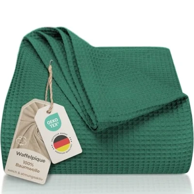 Imagen de LAYNENBURG Manta para sofá Verano 180 x 220 cm Waffle Pique 100% algodón cocha Ligera de como Cama, aireada (Verde Oscuro)