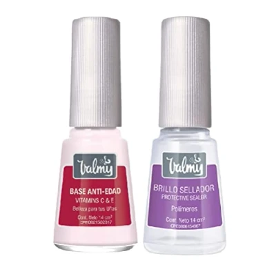 Imagen de VALMY Pack Tratamiento Hidratante y Fortalecedor de Uñas: Base Anti Edad con Vitaminas C E + Top Coat Brillo Sellador, Esmaltes Uñas Protectores Endurecedores, 14ml c/u (2 unidades)