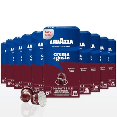 Imagen de Lavazza, Crema y sabor rico, 100 cápsulas de aluminio compatibles con cafeteras Nespresso original, notas chocolate, madera especias, arábica robusta, intensidad 11, tostado oscuro