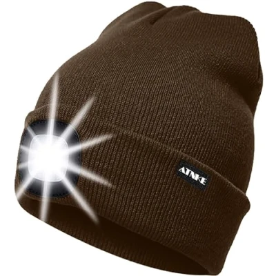 Imagen de ATNKE LED Luminoso Gorro Sombrero, USB Recargable 4 Gorras para Correr Super Brillante Impermeable Luz Invierno Cálido Regalos Hombre y Mujer/Coffee