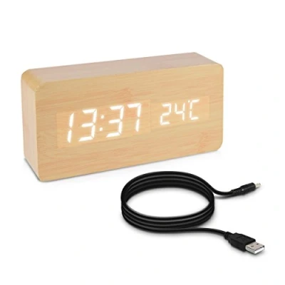 Imagen de kwmobile Reloj Digital de Madera Despertador con función Hora Fecha Temperatura Cable USB en Blanco Leds Blancas