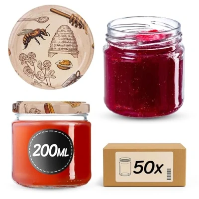 Imagen de KADAX tarros pequeños de 200 ml, para mermelada, fi66 mm, miel y especias, herméticos, conservas, redondos (miel trébol, 50 unidades)