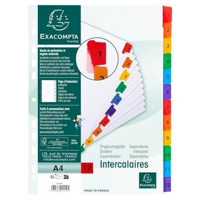 Imagen de Exacompta Ref. 1112E Caja de 20 separadores tarjeta blanca FSC® 160 g/m2 con 12 pestañas impresas digitales 1 a colores Página indexación imprimible Para formato A4 Dim 22,5 x