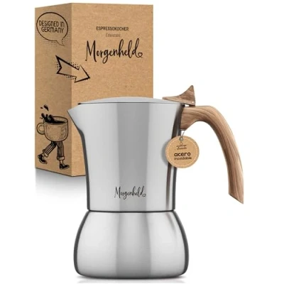 Imagen de Morgenheld Premium Cafetera espresso pequeña de acero inoxidable para 4 tazas (200 ml) café italiana moka cocina inducción gas Maceta moca