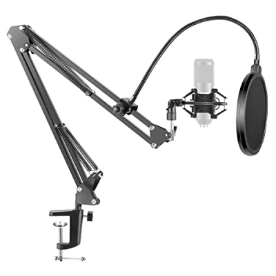 Imagen de Neewer NB 35 Soporte de tijera con agarre clip para micrófono, pinza montaje en mesa y filtro pop NW (B 3), parabrisas juego instalación micrófono metal