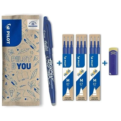 Imagen de PILOT Frixion Ball Bolígrafos roller de tinta borrable con termosensible, recargables, plástico reciclado. Azul (1 bolígrafo, 9 minas, 1 goma), punta mediana. Bolígrafo mágico