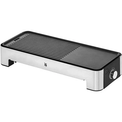 Imagen de WMF Kitchenminis Mini Grill 1000 W, dos zonas de cocción, temperatura ajustable, placas antiahderentes, incluye sartén individual , superficie plana y estriada, Negro, 35.3 x 13.2 cm